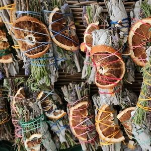 Smudge stick contains white sage, rosemary, thyme, lavender, oregano, rose petal